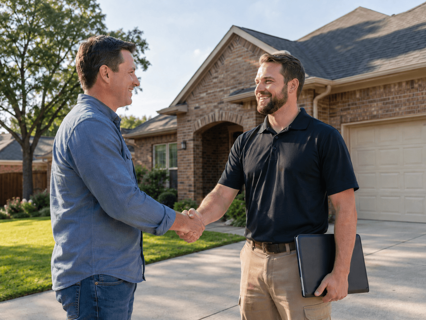 Homeowner and a pre-screened contractor shaking hands in front of a home